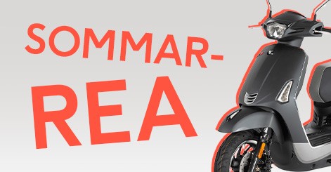 Framd&auml;cket p&aring; en moped i sn&ouml;. texten "Vinterutrusta din moped"